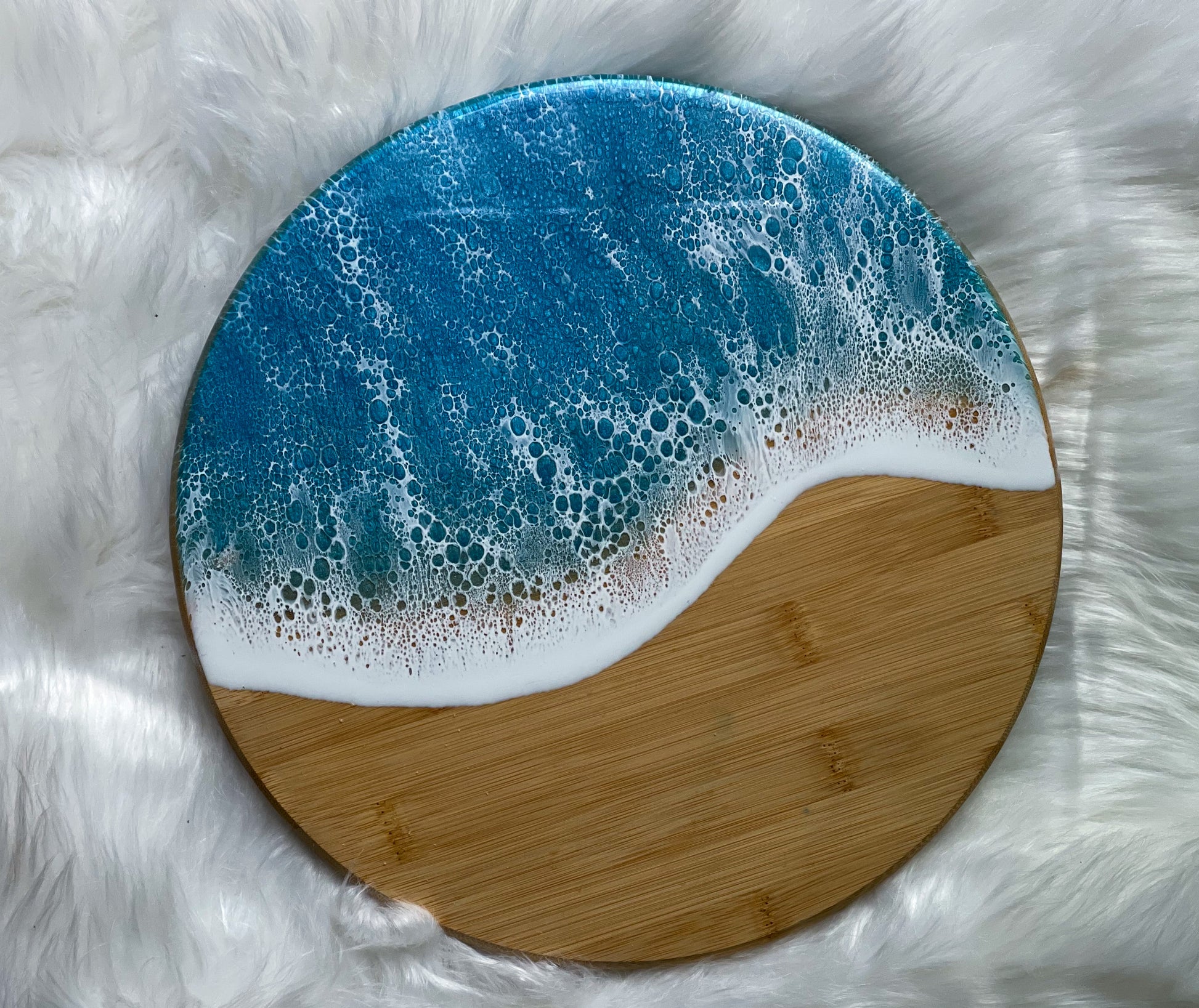 Ocean Turquoise and Green Geode Lazy Susan, Hand Poured Food Safe Epoxy  Resin on Bamboo, Geode Art, Geode Epoxy Resin, Housewarming Gift. 